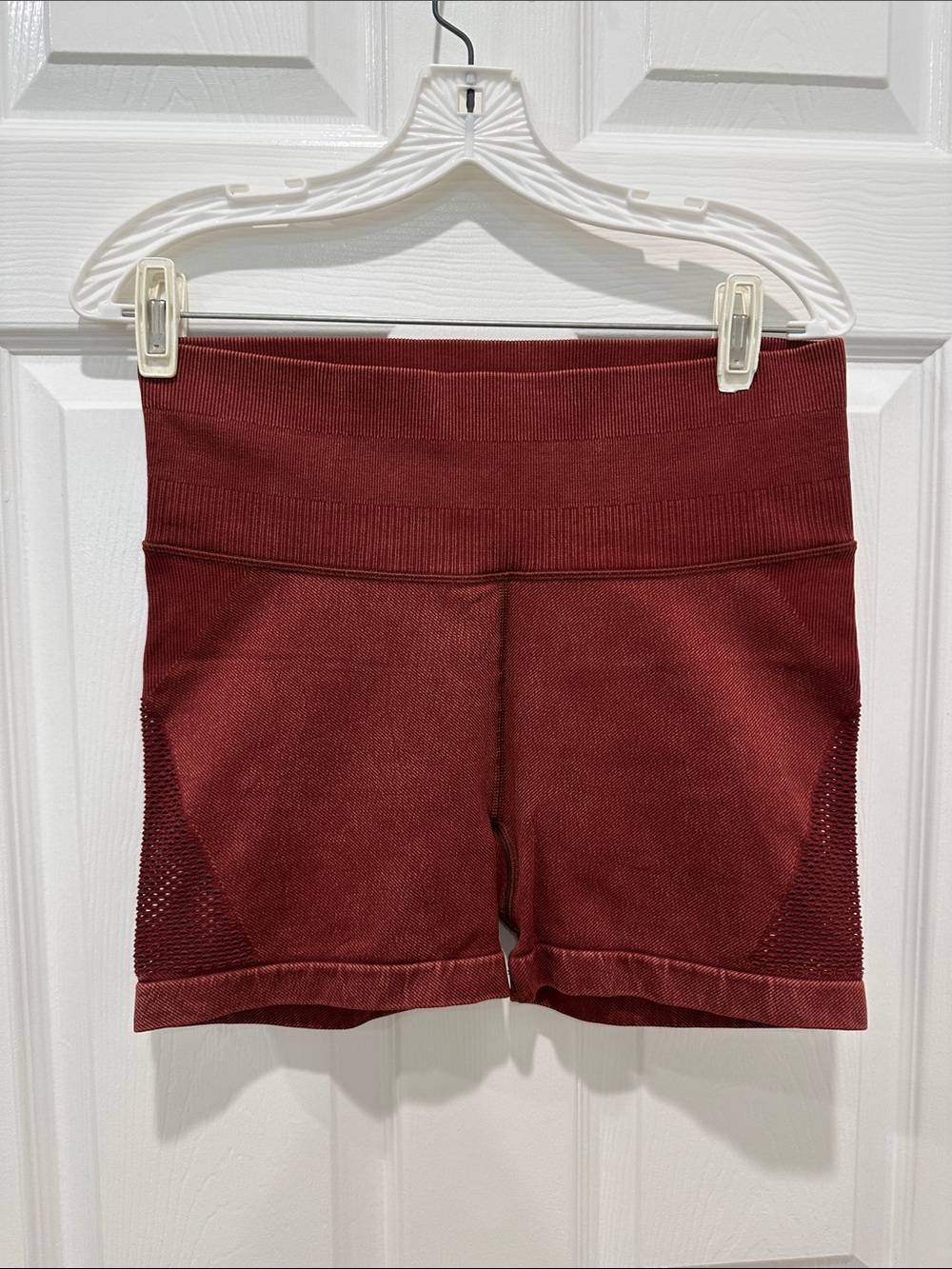 JoyLab High-Waisted Women’s Workout Biker Shorts - Distressed Burgundy